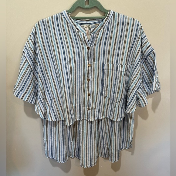 Free People Tops - Free People Intimately Cotton Striped Cropped High Low Button Down Top Sz M